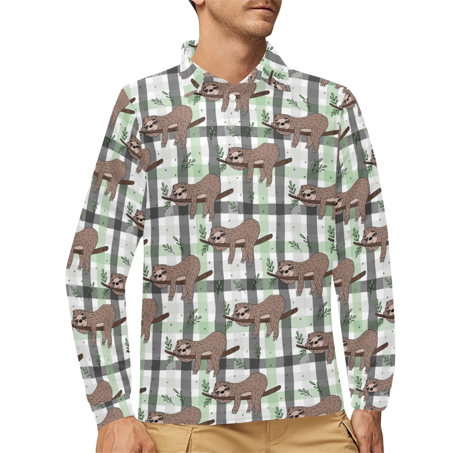 Sloth Print Design LKS301 Long Sleeve Polo Shirt For Men's