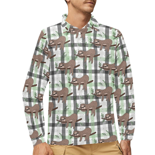Sloth Print Design LKS301 Long Sleeve Polo Shirt For Men's