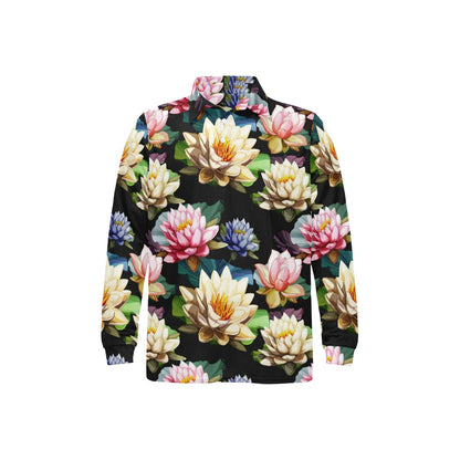 Water Lily Pattern Print Design WL02 Long Sleeve Polo Shirt For Men's
