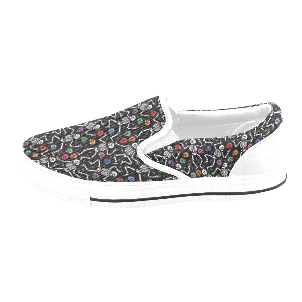 Skeleton Print Design LKS307 White Slip Ons Canvas Women's Shoes