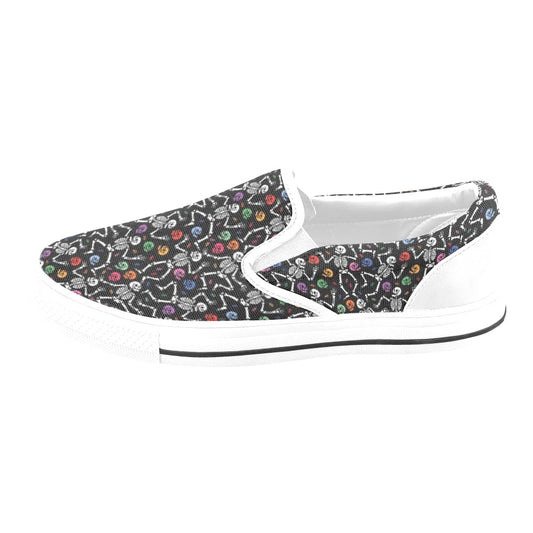 Skeleton Print Design LKS307 White Slip Ons Canvas Women's Shoes