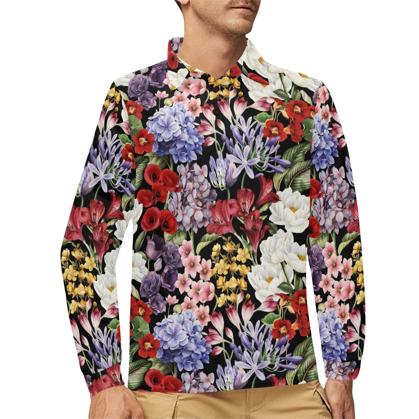 Summer Floral Pattern Print Design SF04 Long Sleeve Polo Shirt For Men's
