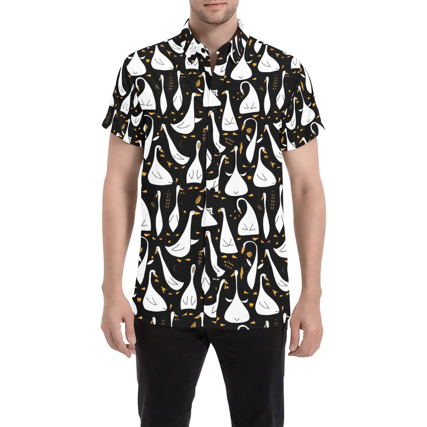 Goose Print Design LKS401 Men Short Sleeve Button Up Shirt