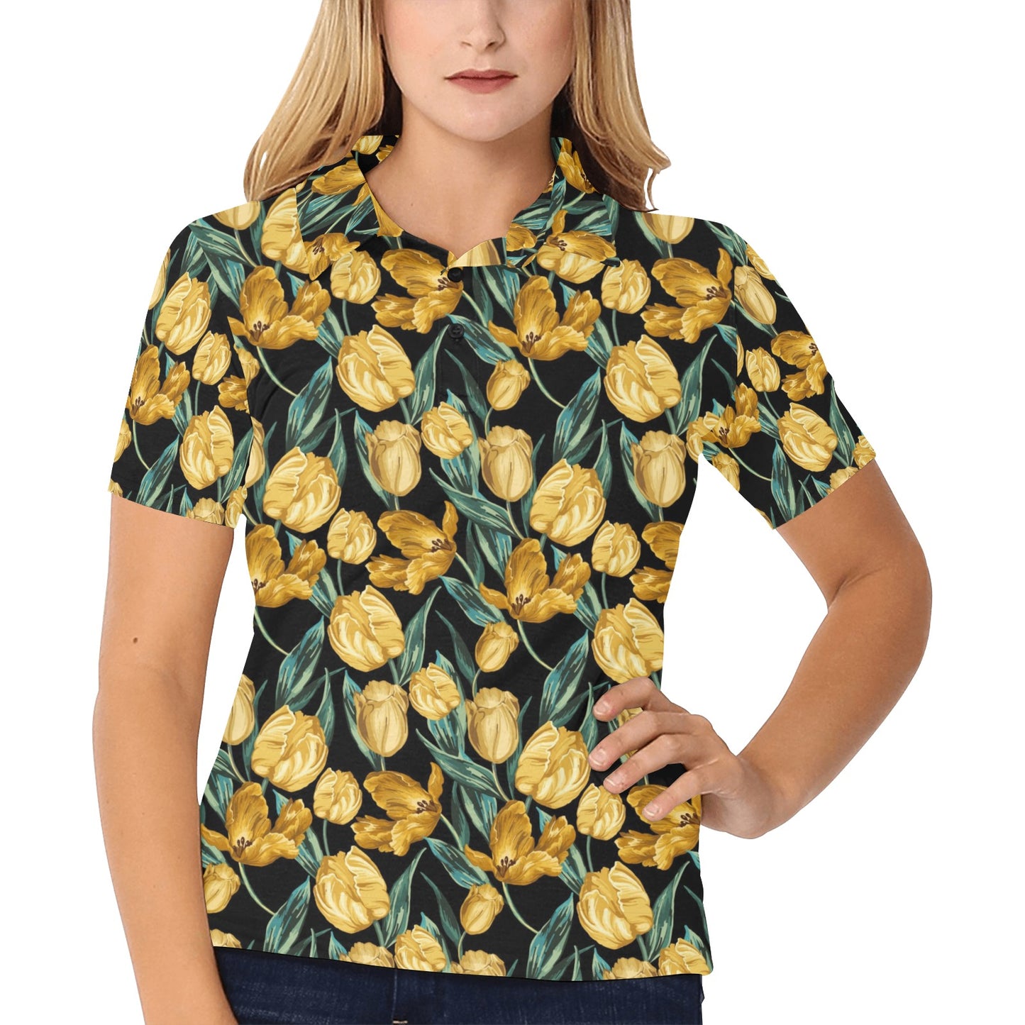 Elegant Yellow Tulip Print Women's Polo Shirt