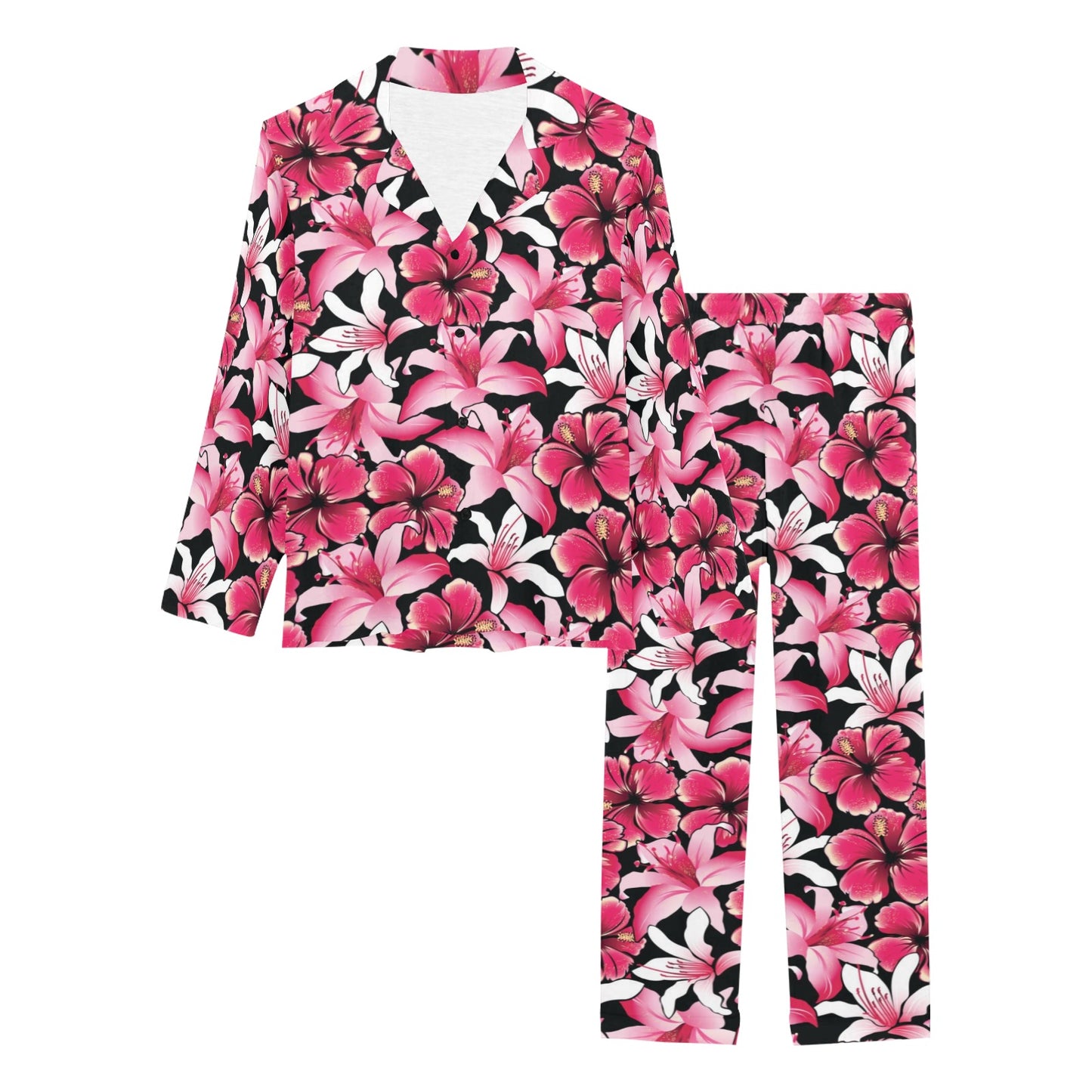 Flower Hawaiian Pink Red Hibiscus Print Women's Long Pajama Set