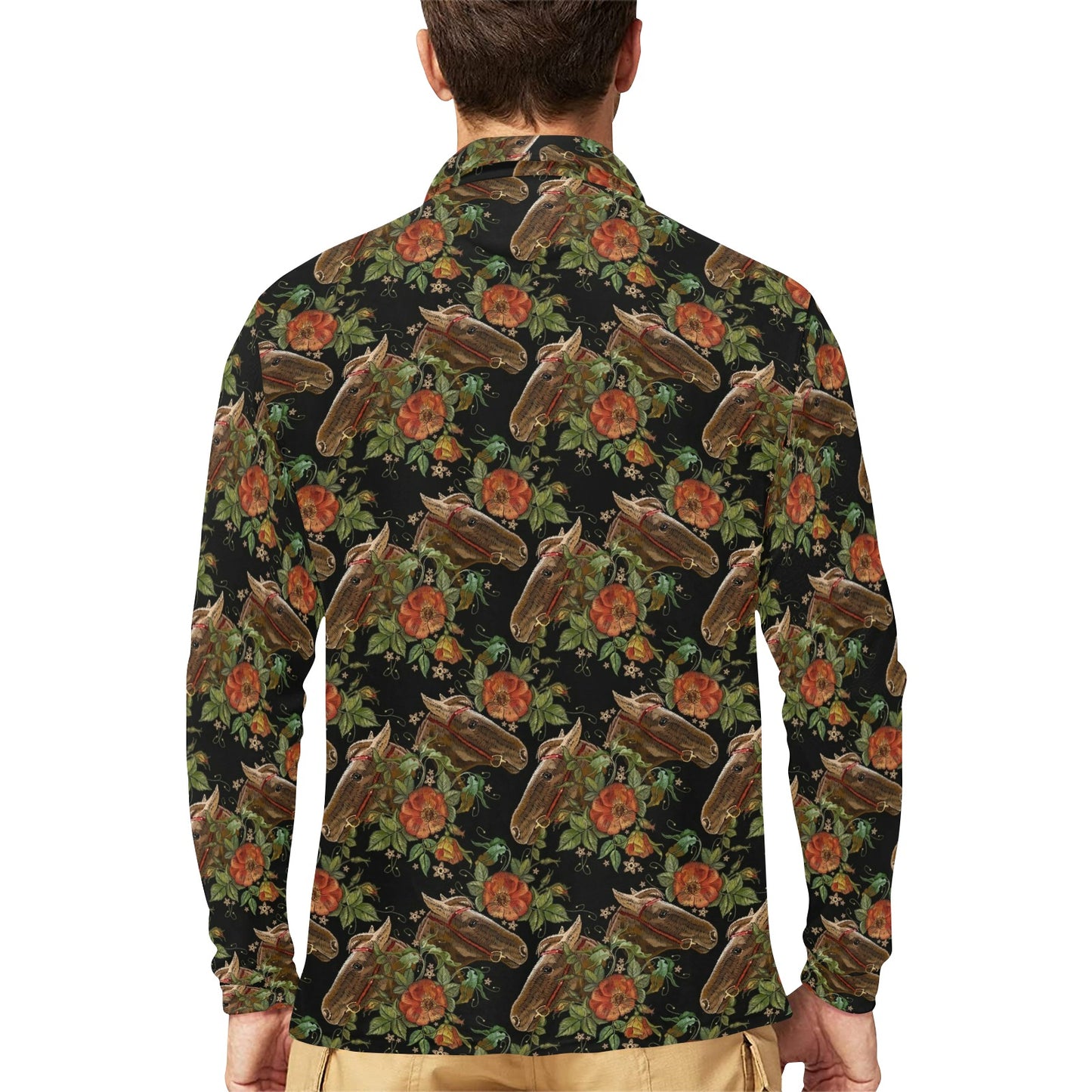 Horse Embroidery with Flower Design Long Sleeve Polo Shirt For Men's