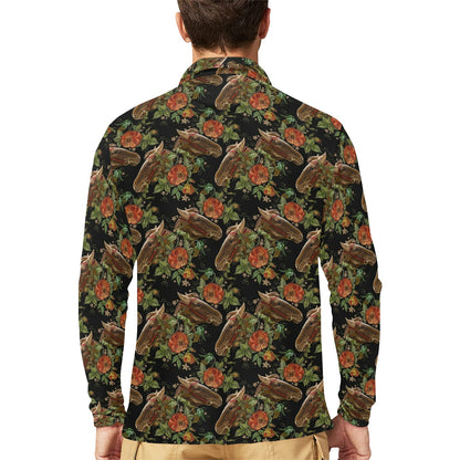 Horse Embroidery with Flower Design Long Sleeve Polo Shirt For Men's