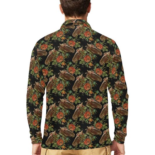 Horse Embroidery with Flower Design Long Sleeve Polo Shirt For Men's