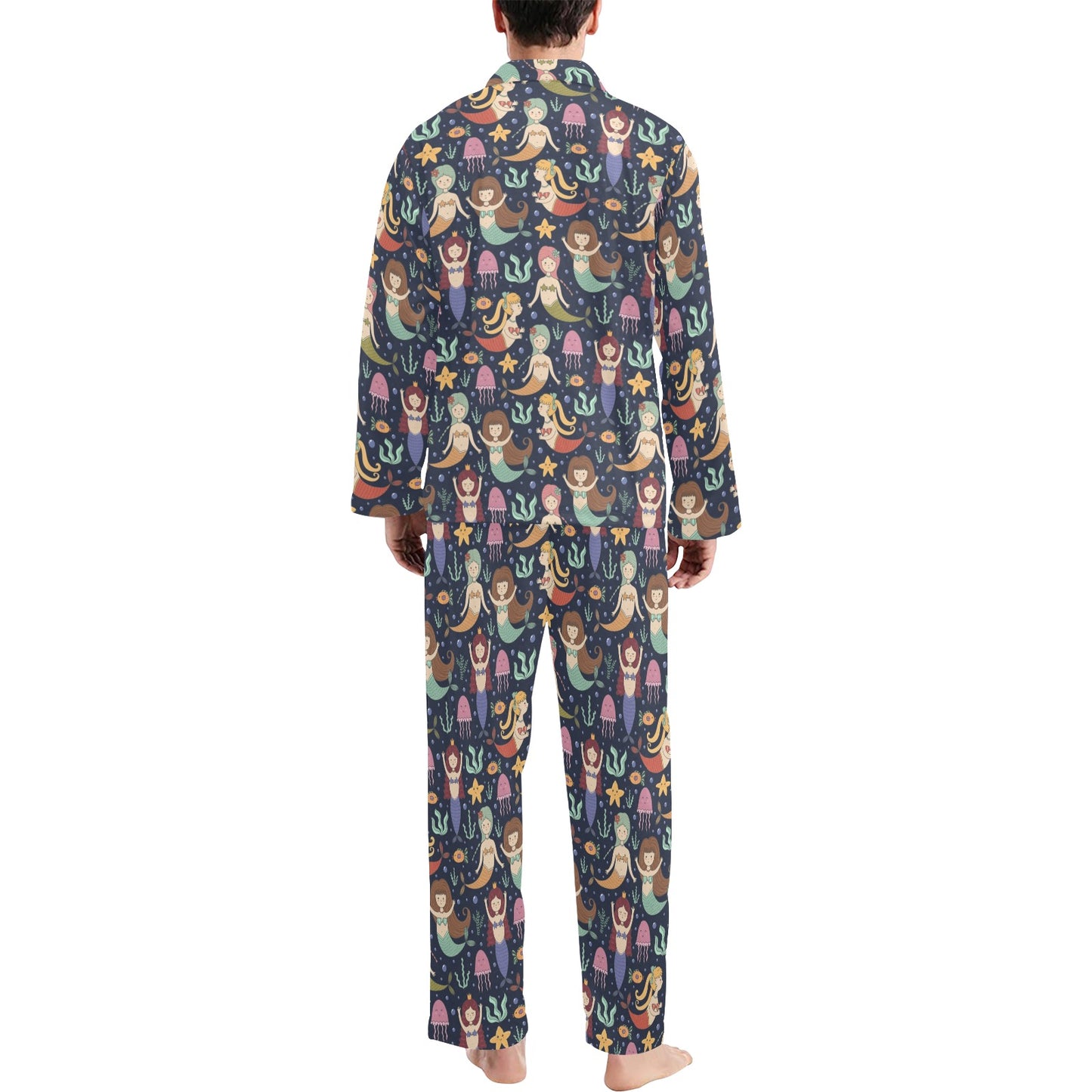 Mermaid Cartoon Pattern Print Design 03 Men's Long Pajama Set