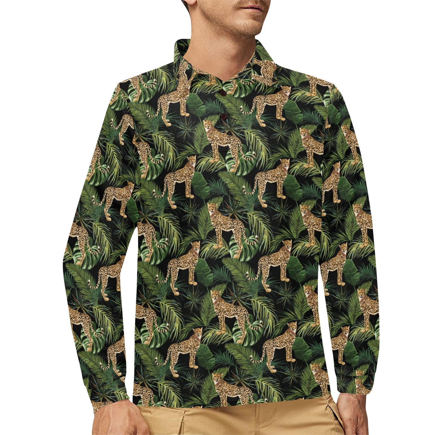 Cheetah Pattern Print Design 05 Long Sleeve Polo Shirt For Men's