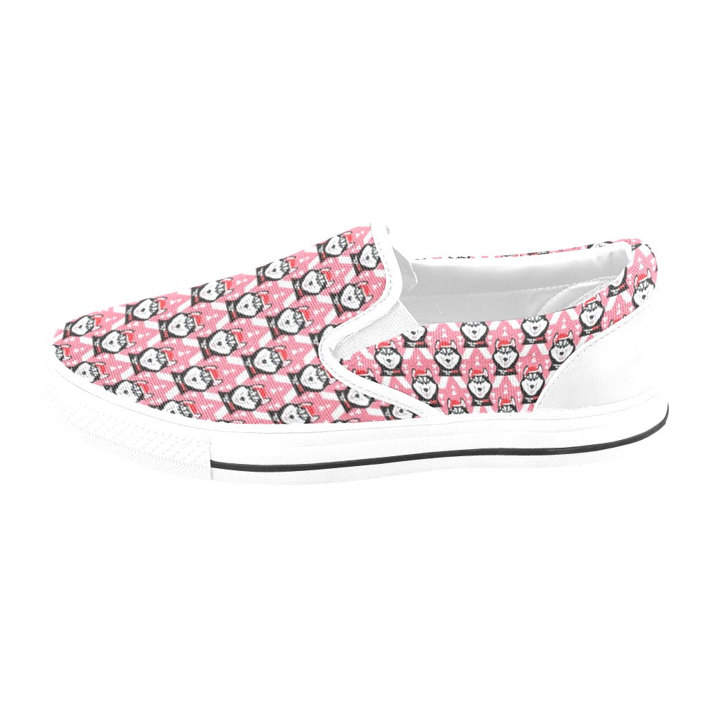 Siberian Huskies Christmas Themed Print Design LKS302 White Slip Ons Canvas Women's Shoes