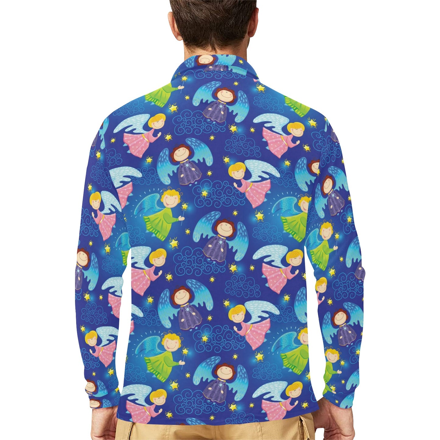 Angel Little Pattern Print Design 02 Long Sleeve Polo Shirt For Men's