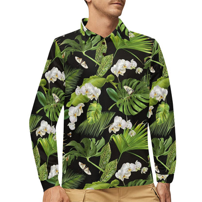 Tropical Flower Pattern Print Design TF026 Long Sleeve Polo Shirt For Men's