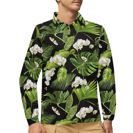 Tropical Flower Pattern Print Design TF026 Long Sleeve Polo Shirt For Men's