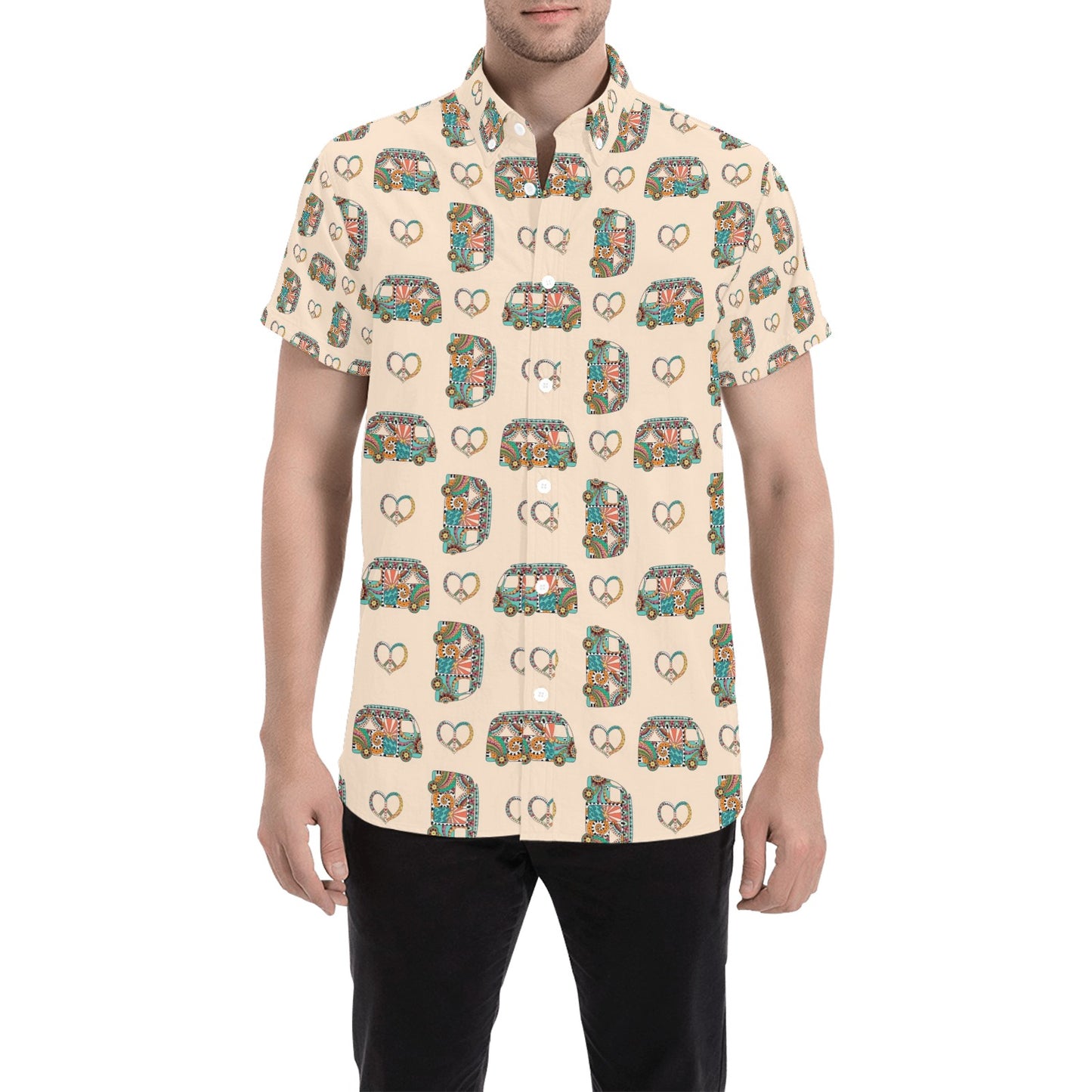 Hippie Van Peace Print Design LKS303 Men Short Sleeve Button Up Shirt