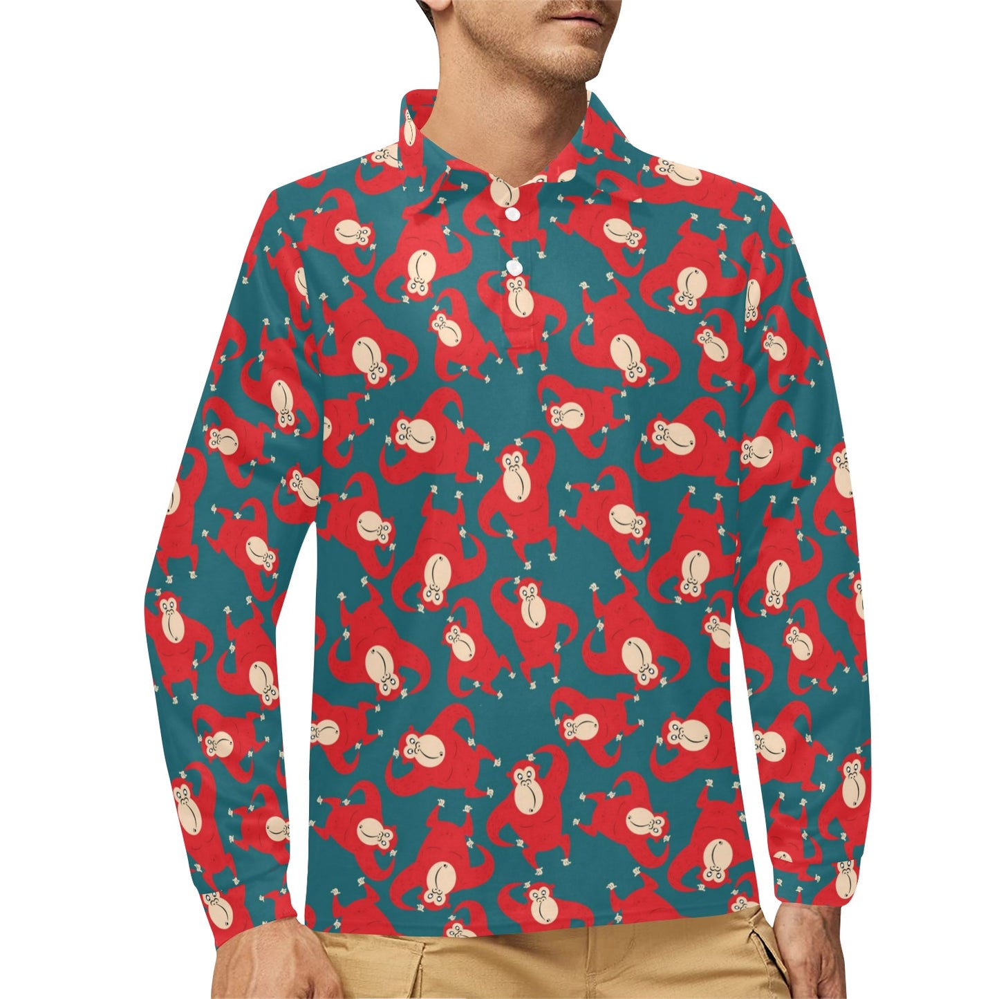 Chimpanzee Pattern Print Design 04 Long Sleeve Polo Shirt For Men's