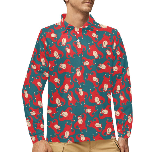 Chimpanzee Pattern Print Design 04 Long Sleeve Polo Shirt For Men's