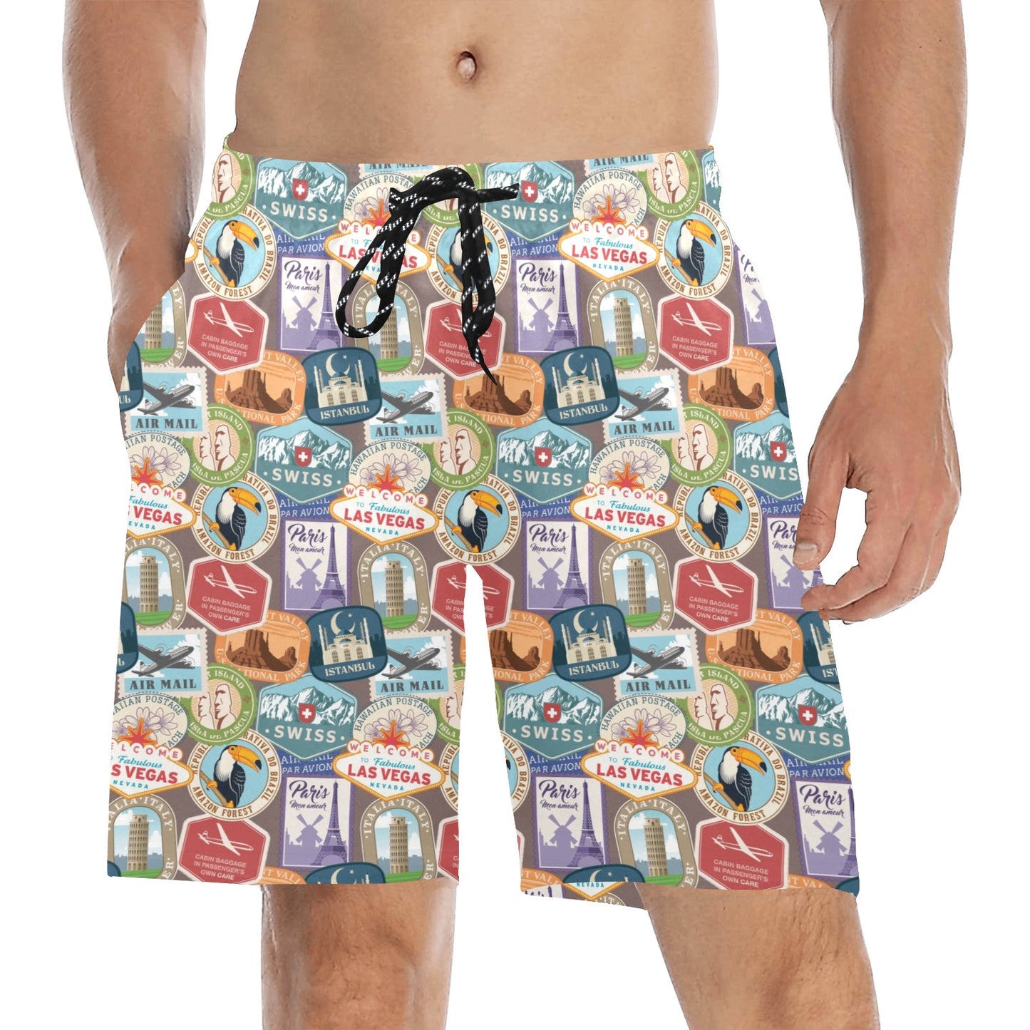 Travel Stamp Print Design LKS301 Men's Swim Trunks Beach Shorts