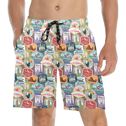 Travel Stamp Print Design LKS301 Men's Swim Trunks Beach Shorts