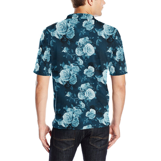 Rose Blue Pattern Print Design RO014 Men Polo Shirt