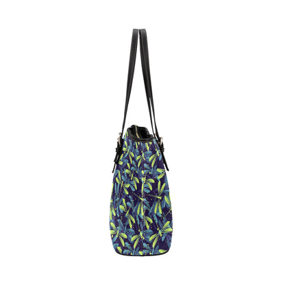Dragonfly Lime Blue Print Pattern Leather Tote Bag