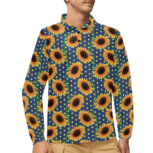 Sunflower Pattern Print Design SF03 Long Sleeve Polo Shirt For Men's
