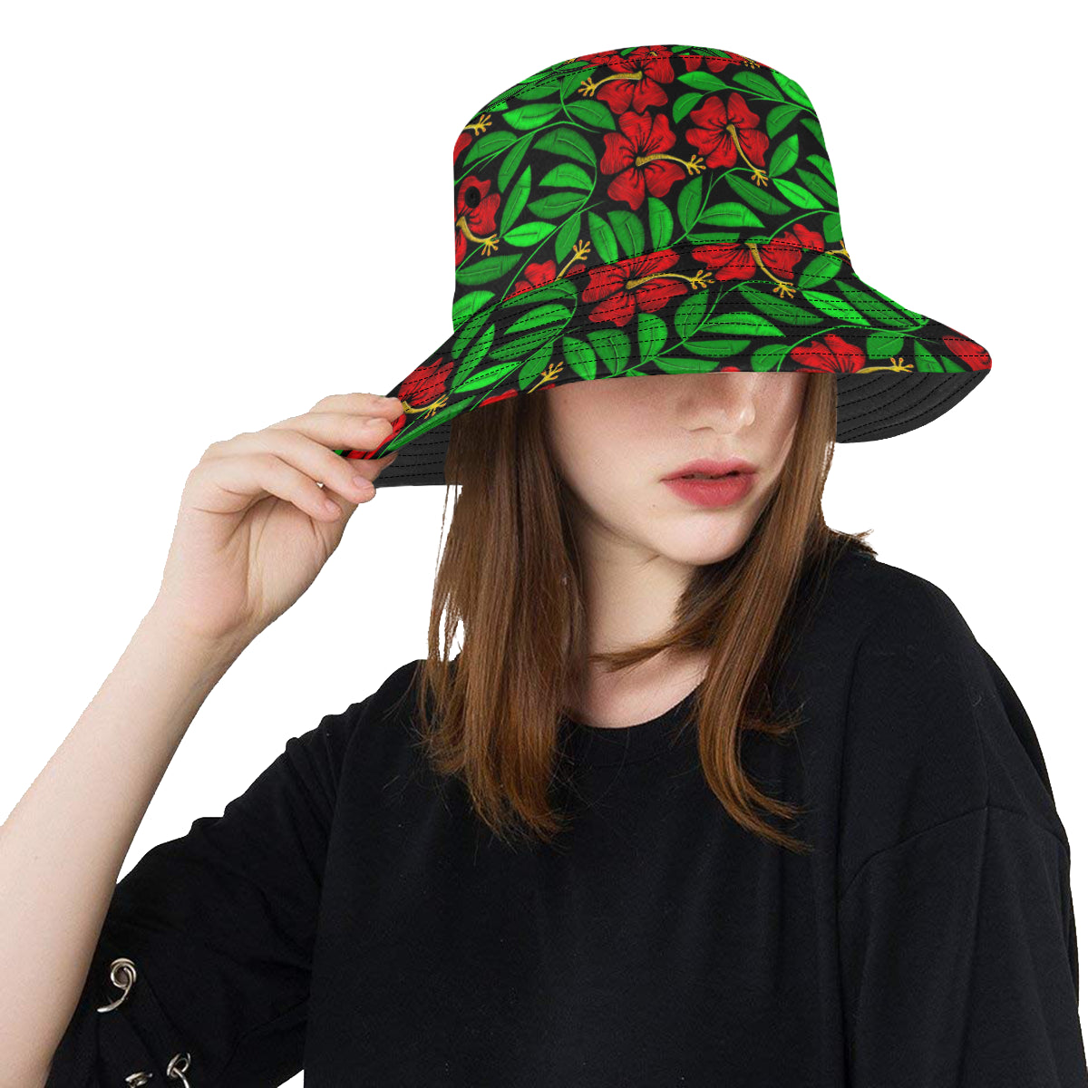 Red Hibiscus Embroidered Pattern Print Design HB03 Unisex Bucket Hat