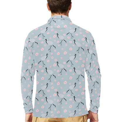 Sakura Bird Print Design LKS304 Long Sleeve Polo Shirt For Men's
