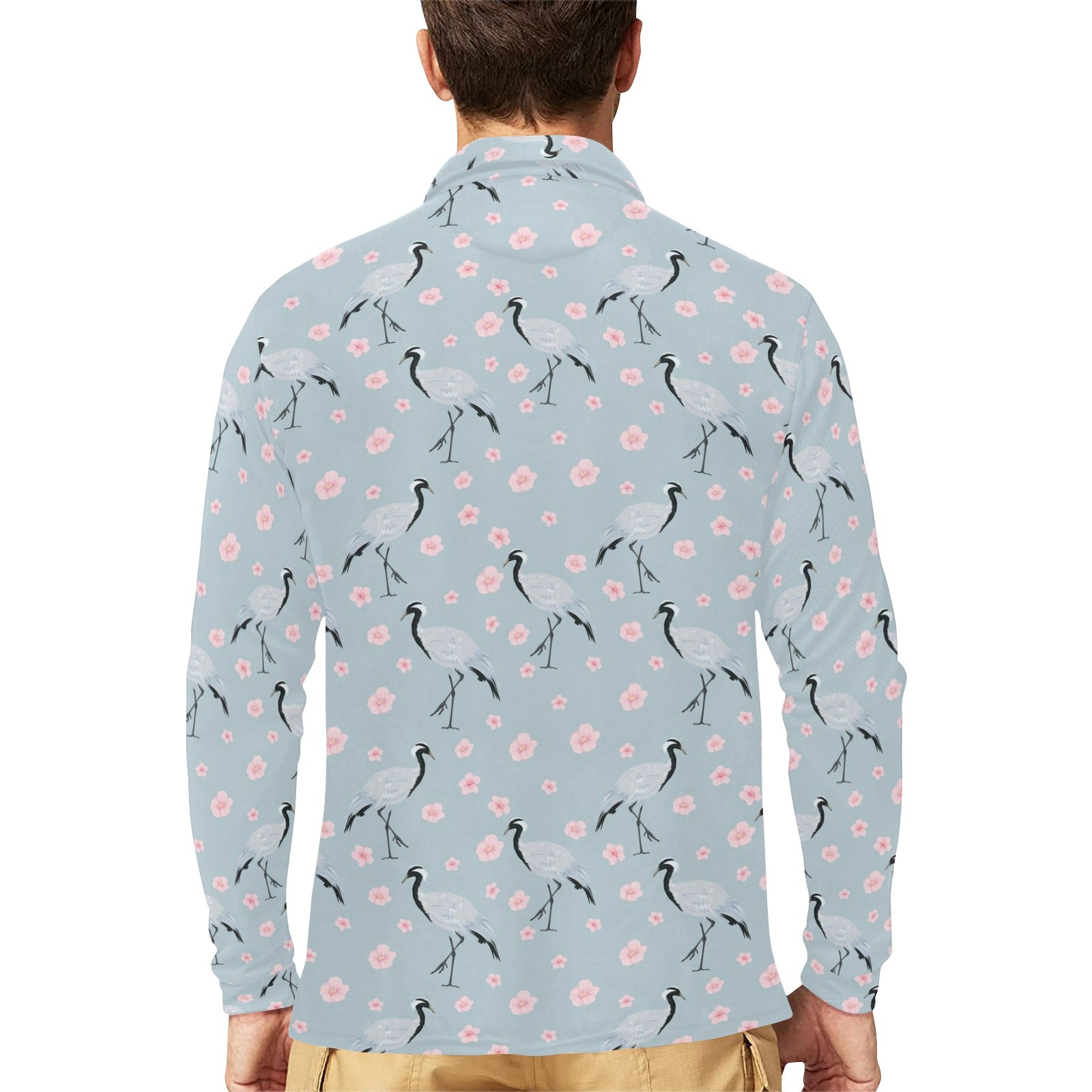 Sakura Bird Print Design LKS304 Long Sleeve Polo Shirt For Men's