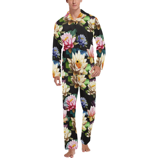 Water Lily Pattern Print Design WL02 Men's Long Pajama Set