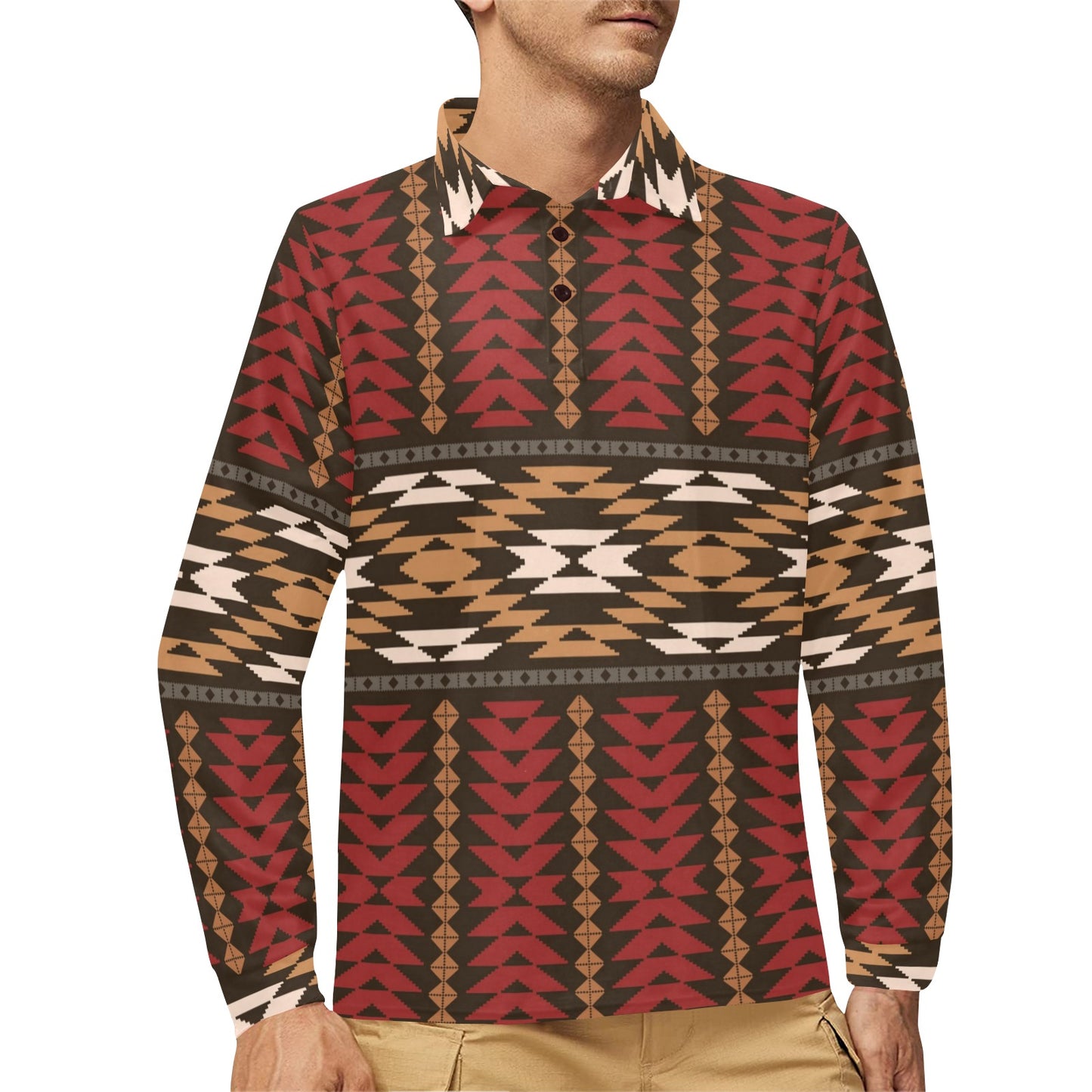 Native Pattern Print Design A02 Long Sleeve Polo Shirt For Men's