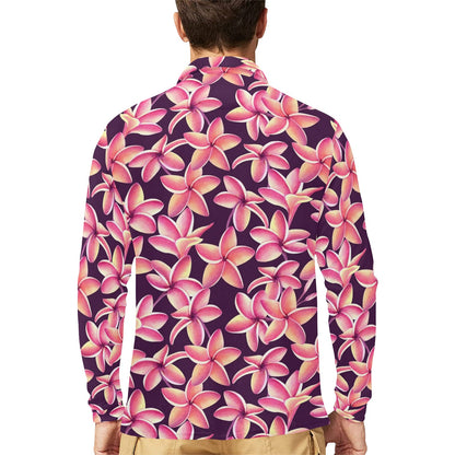 Purple Plumeria Pattern Print Design PM010 Long Sleeve Polo Shirt For Men's