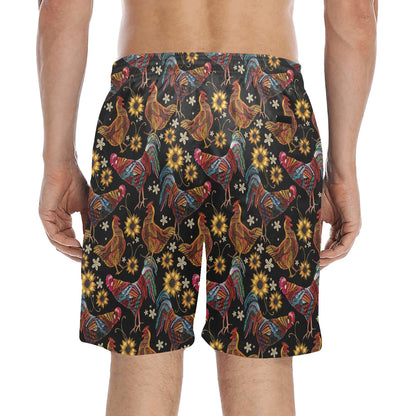 Chicken Embroidery Style Men's Swim Trunks Beach Shorts