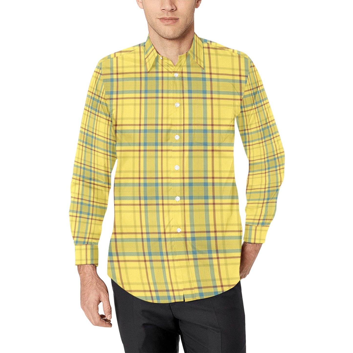 Tartan Yellow Print Design LKS301 Men's Long Sleeve Dress Shirt