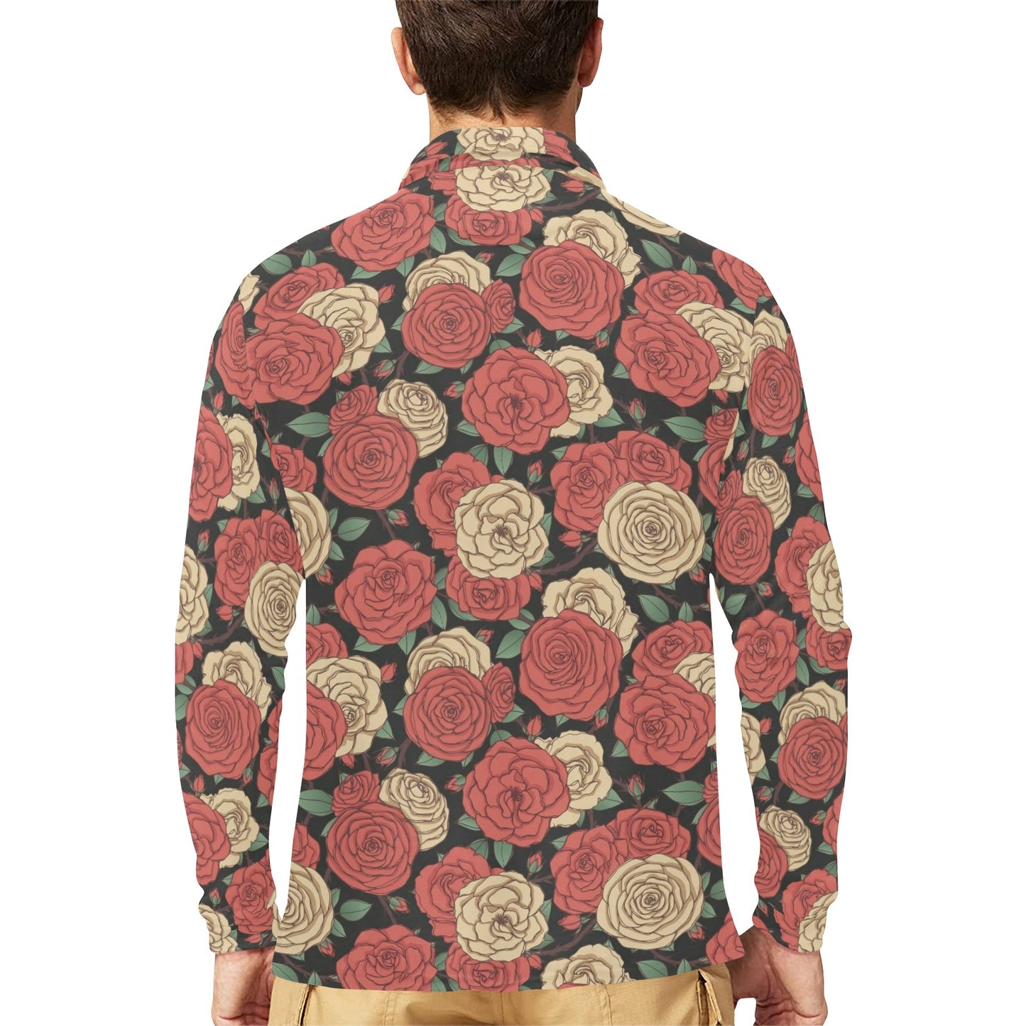 Camellia Pattern Print Design CM01 Long Sleeve Polo Shirt For Men's