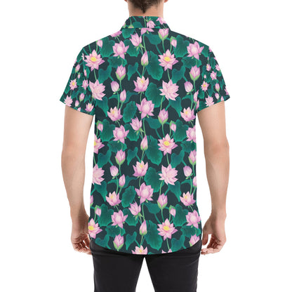 Water Lily Print Design LKS302 Men Short Sleeve Button Up Shirt