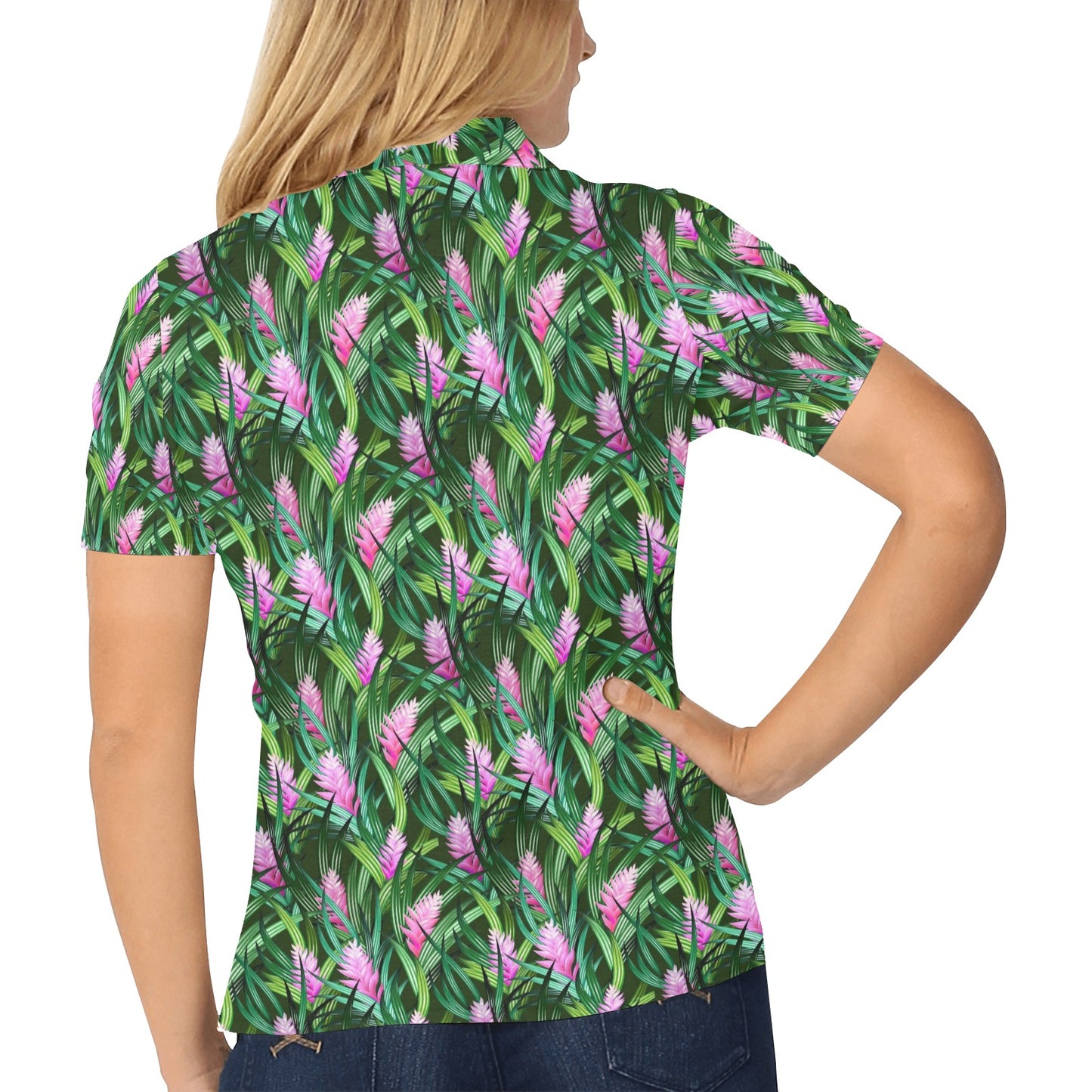 Tropical Folower Pink Heliconia Print Women's Polo Shirt
