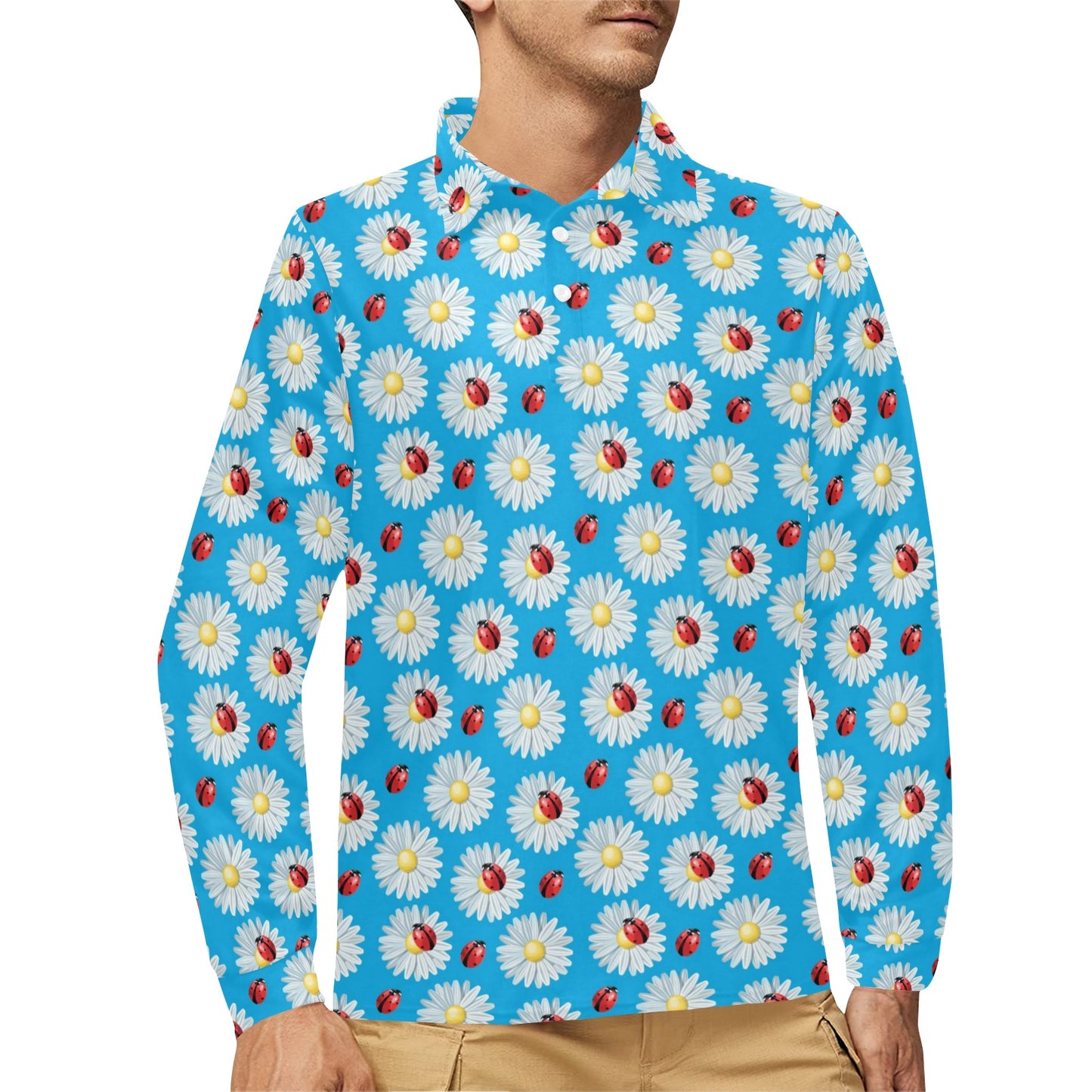 Ladybug with Daisy Themed Print Pattern Long Sleeve Polo Shirt For Men's
