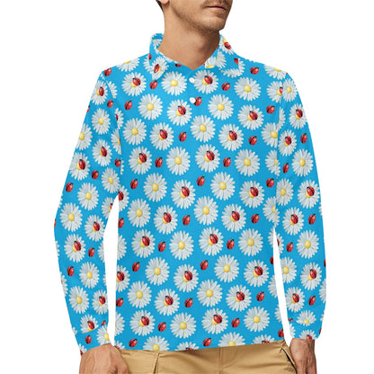 Ladybug with Daisy Themed Print Pattern Long Sleeve Polo Shirt For Men's