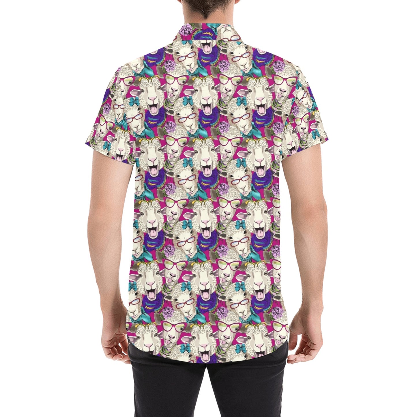 Sheep Print Design LKS403 Men Short Sleeve Button Up Shirt