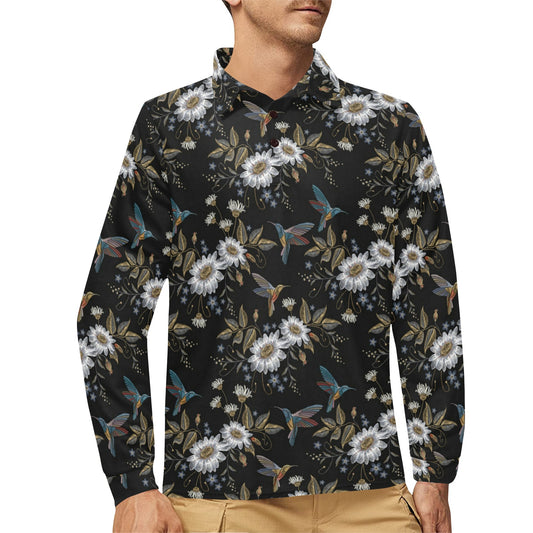 Hummingbird with Embroidery Themed Print Long Sleeve Polo Shirt For Men's