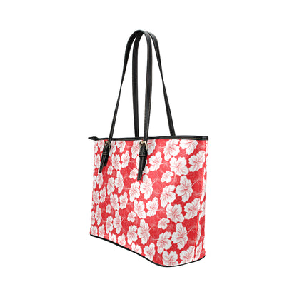 Flower Hawaiian Hibiscus Red Background Print Leather Tote Bag