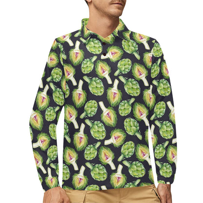 Artichoke Pattern Print Design 01 Long Sleeve Polo Shirt For Men's