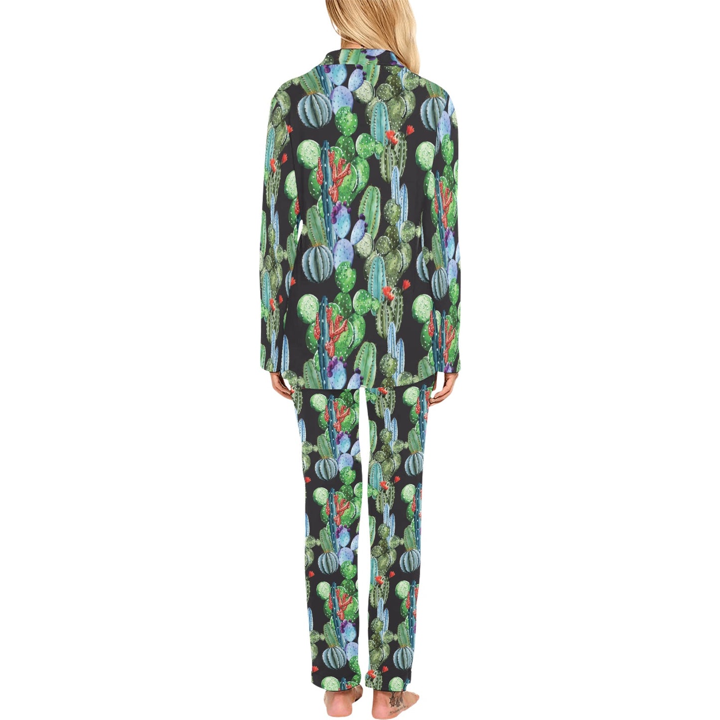 Cactus Watercolor Style Print Women's Long Pajama Set