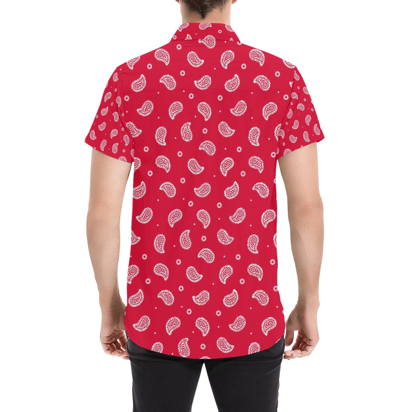 Bandana Red Paisley Print Design LKS305 Men Short Sleeve Button Up Shirt