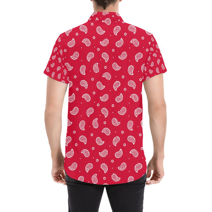 Bandana Red Paisley Print Design LKS305 Men Short Sleeve Button Up Shirt