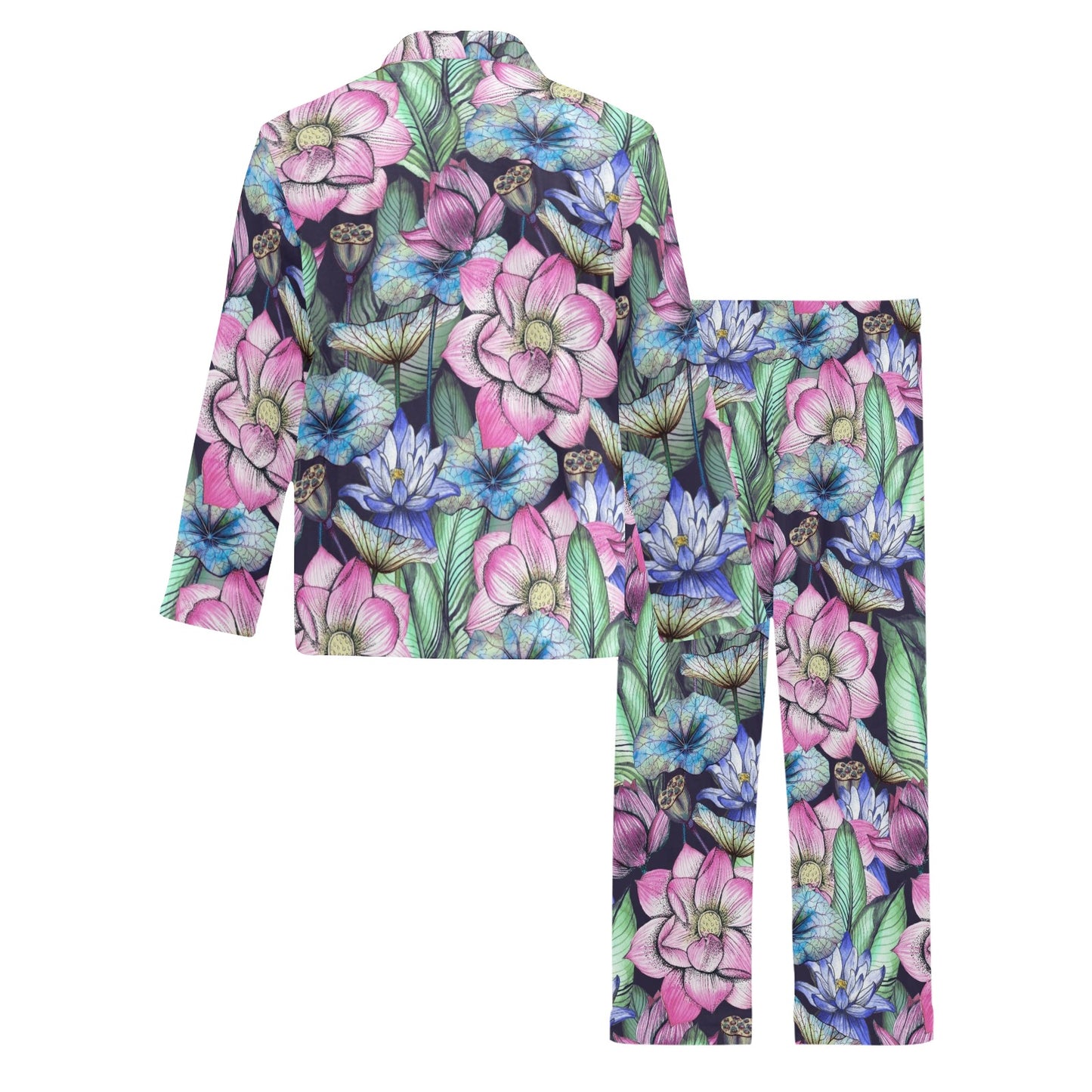 Water Lily Pattern Print Design WL07 Men's Long Pajama Set