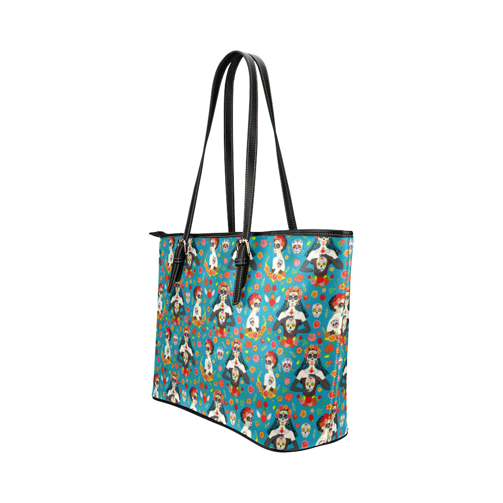 Day of the Dead Old School Girl Design Leather Tote Bag