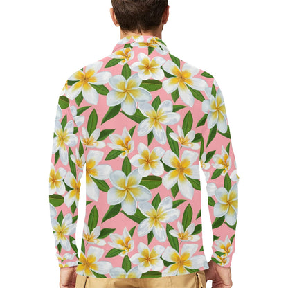 White Plumeria Pattern Print Design PM011 Long Sleeve Polo Shirt For Men's