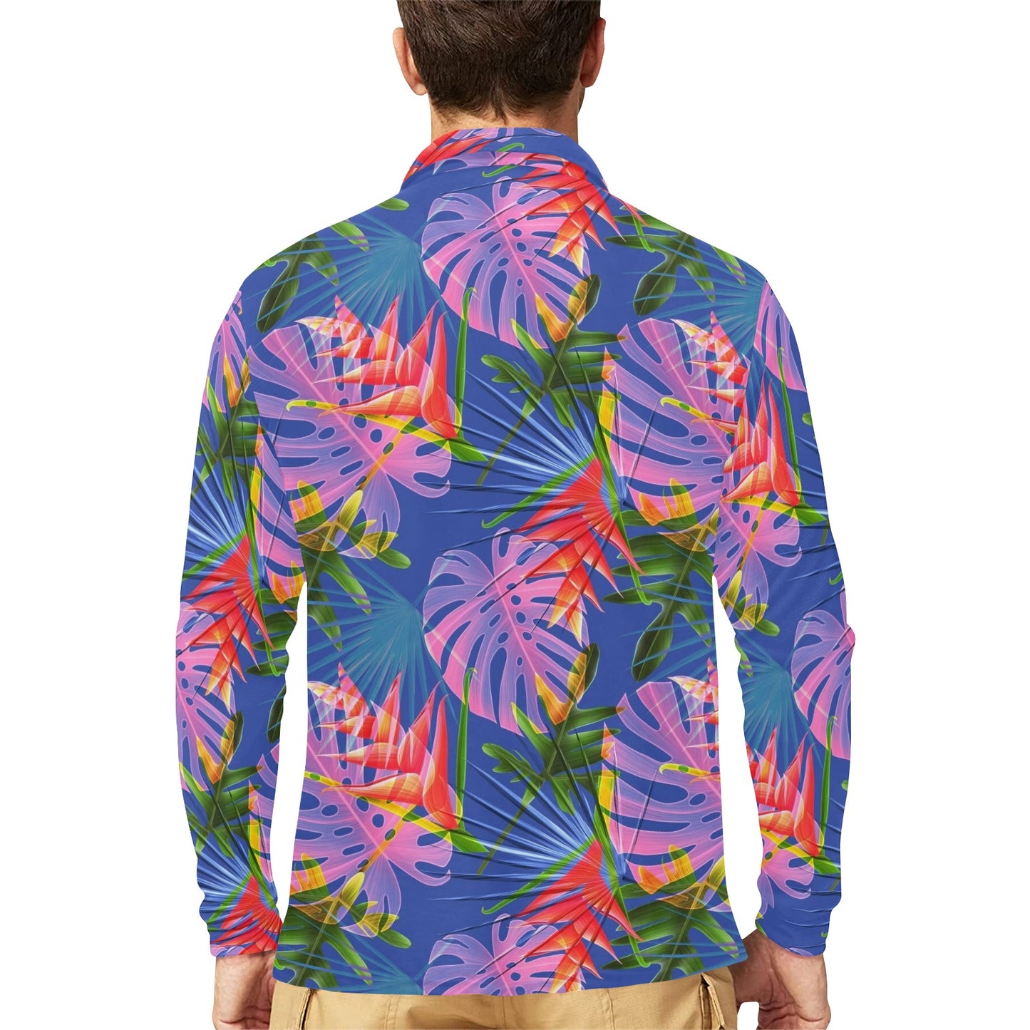 Tropical Flower Pattern Print Design TF025 Long Sleeve Polo Shirt For Men's